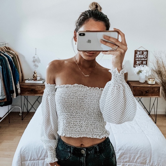 Tops - Smocked Ruffle Off the Shoulder Polka Dot Top